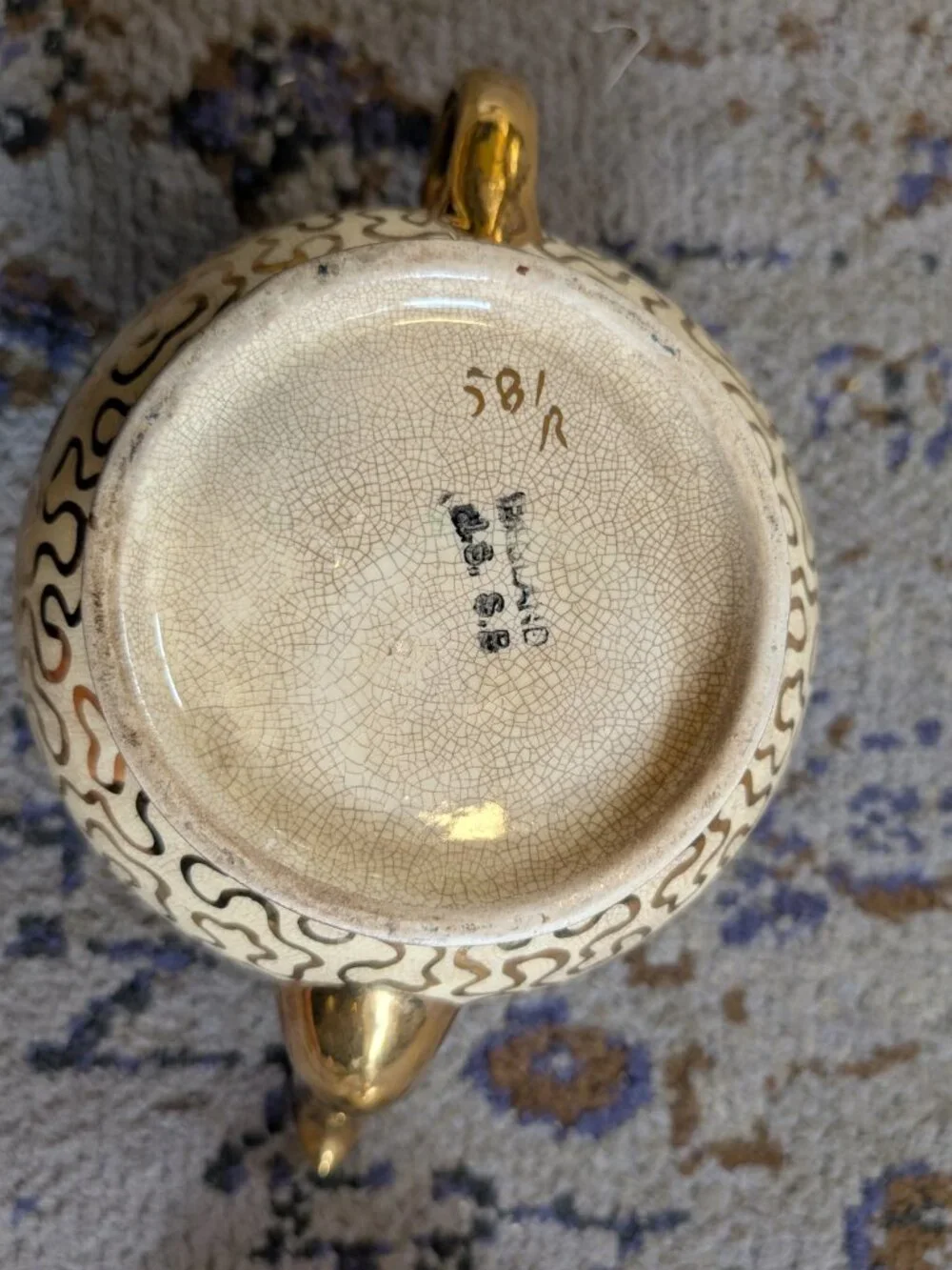 Vintage Sadler Tea Pot Made in England Numbered Gold Squiggles on Cream Crazing